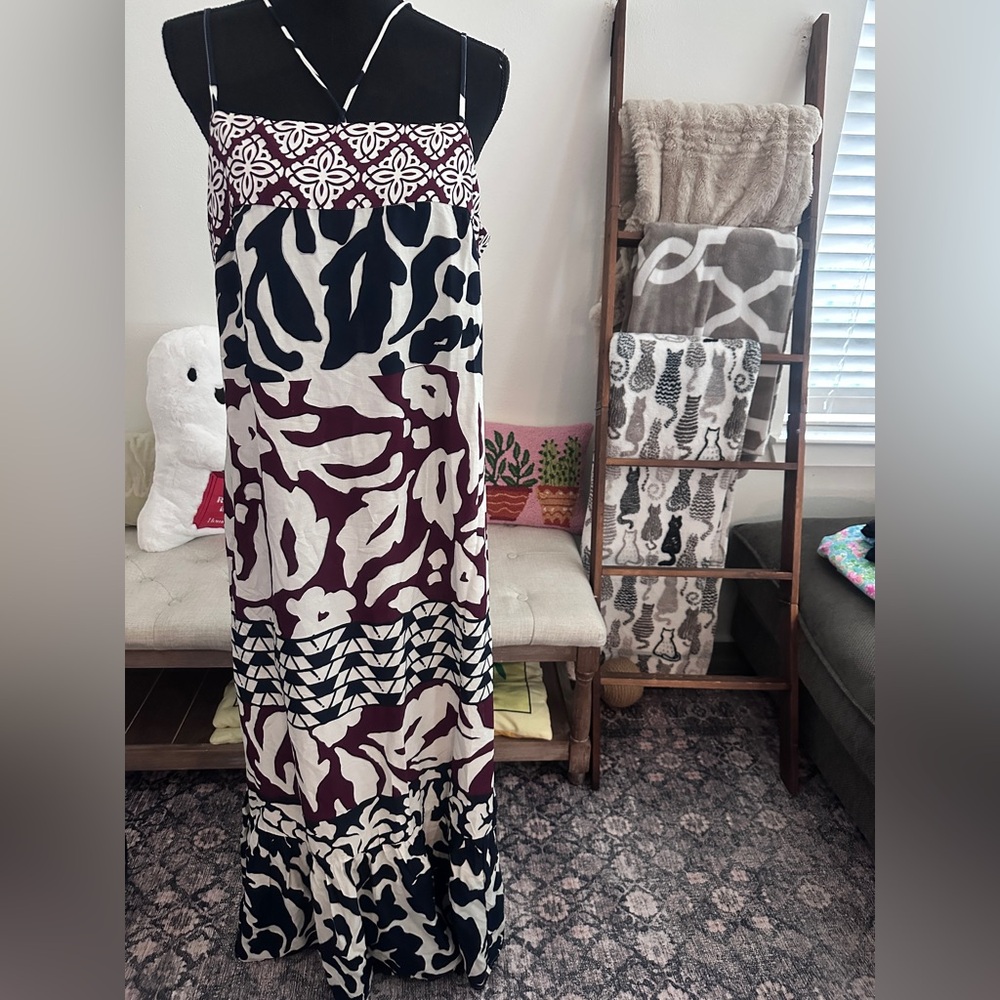 Anthropologie Burgundy and Black Patterned Maxi Dress